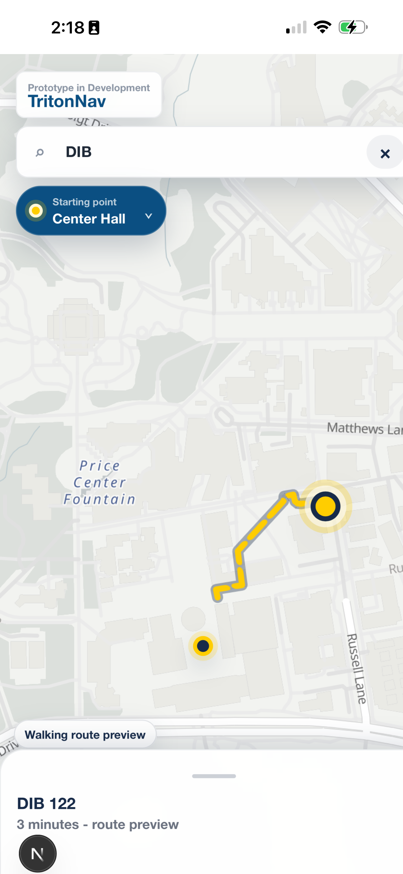 TritonNav iPhone route preview from Center Hall to DIB