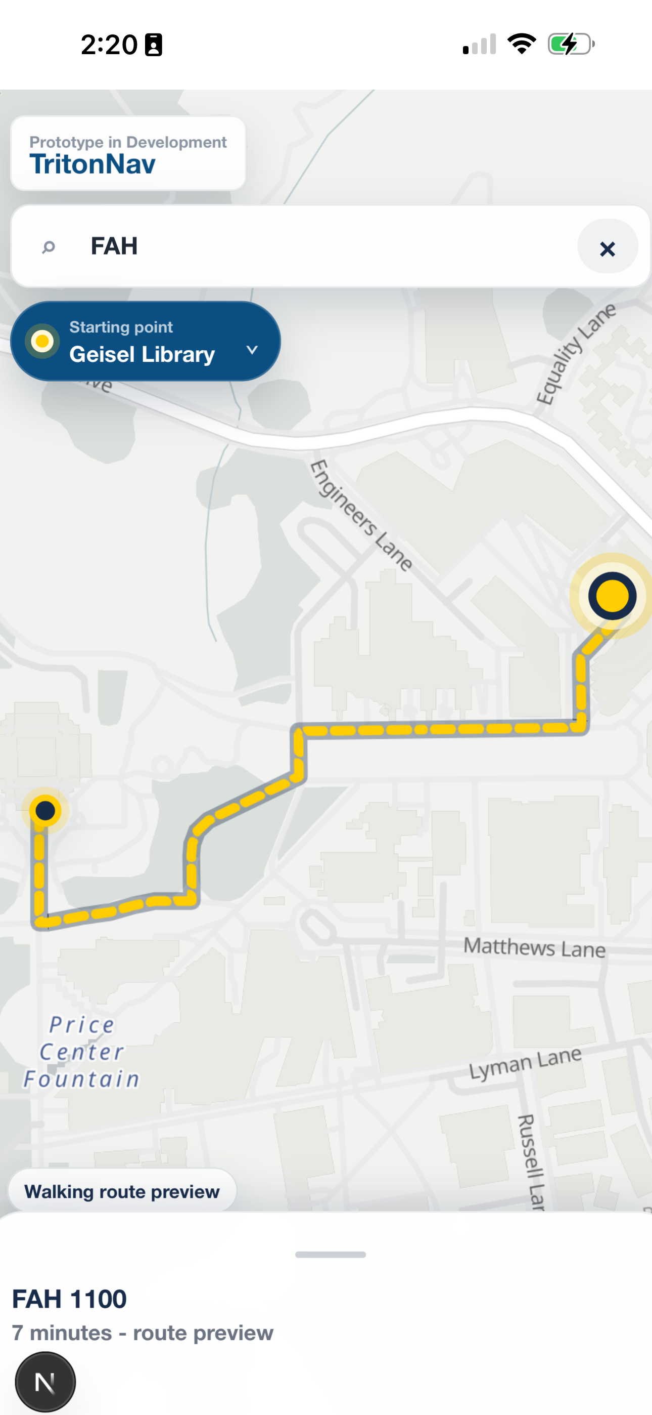 TritonNav on iPhone: Geisel Library to FAH 1100