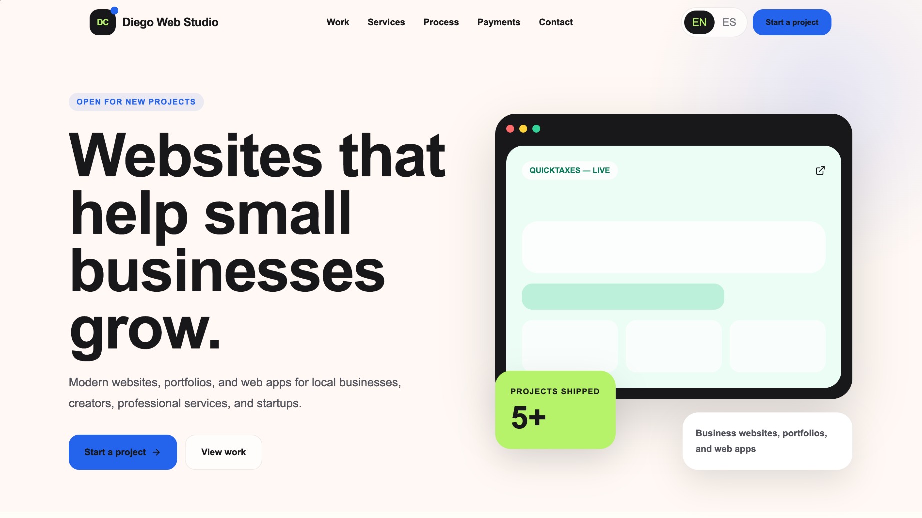 Diego Web Studio homepage with a portfolio preview labeled QuickTaxes — Live beside the headline Websites that help small businesses grow.