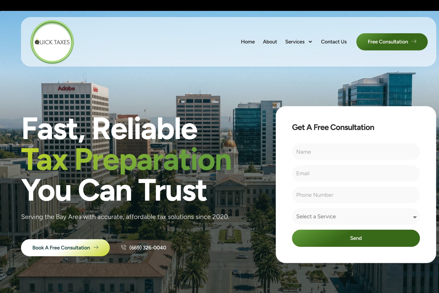 QuickTaxes website showing the tax-preparation headline beside name, email, phone and service fields in the free consultation form.