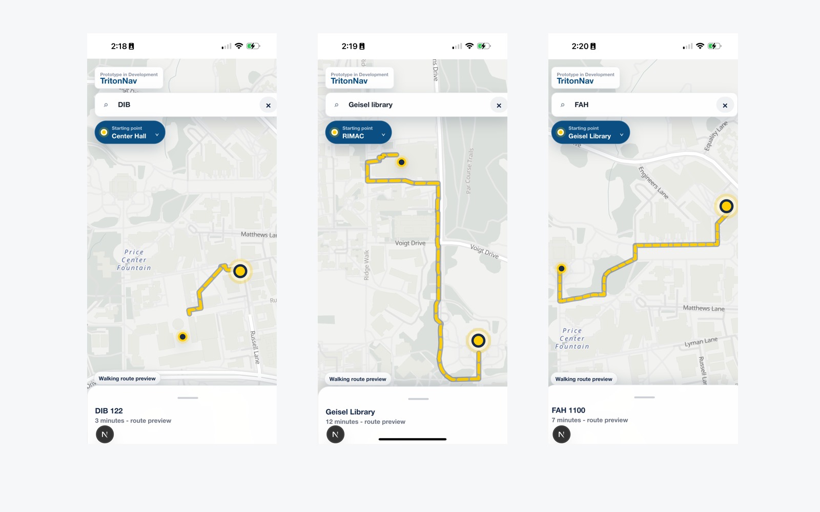 Three TritonNav mobile route previews on a UC San Diego campus map