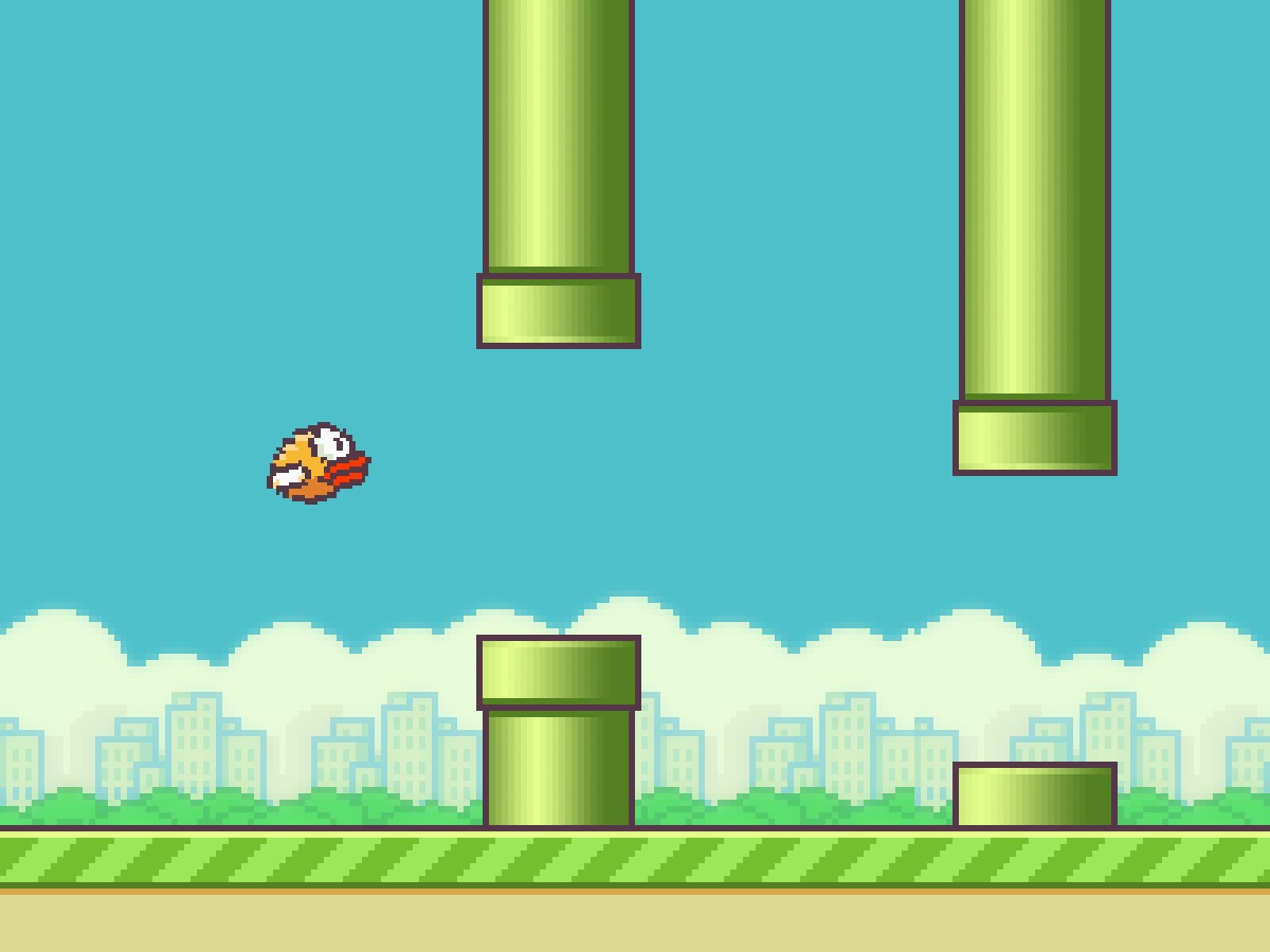 Pixel-art Flappy Bird scene with the yellow bird between green pipes, from the BCI project's game sprites.