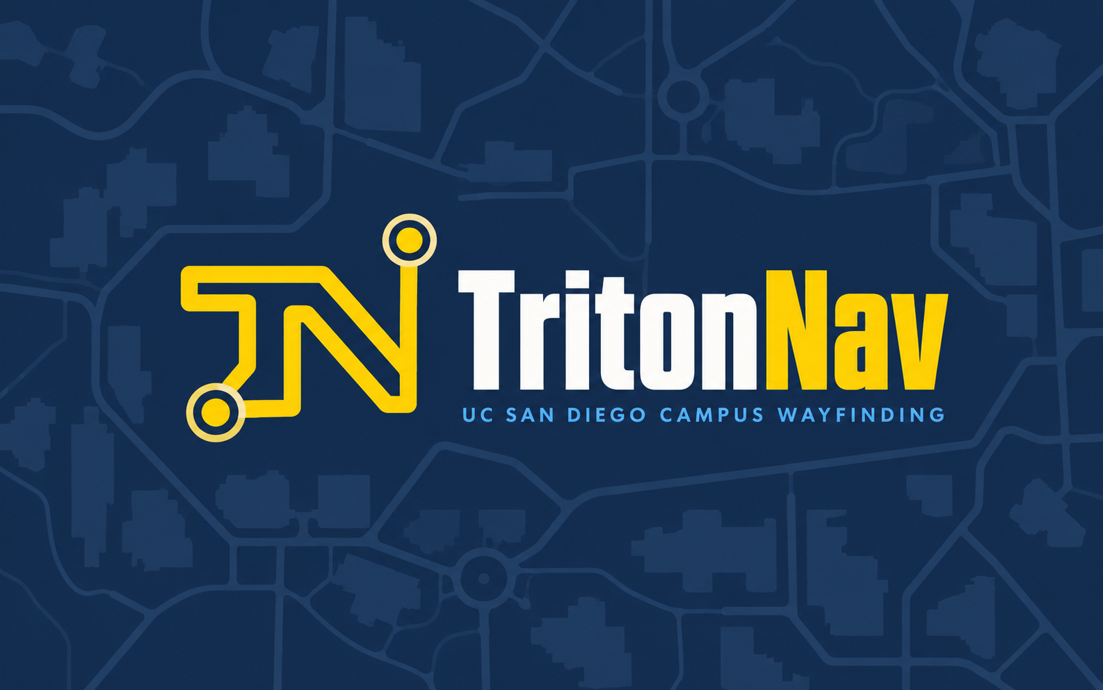 TritonNav logo with a yellow route-shaped TN mark and wordmark over a navy campus map.